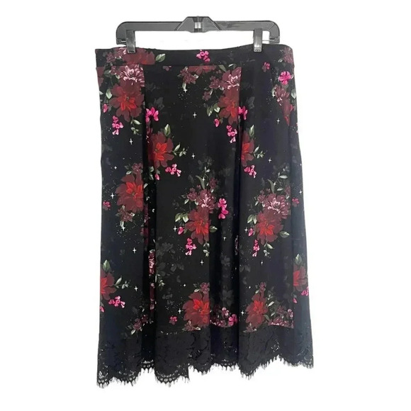 Torrid Black Floral & Lace Pull On Midi Skirt with Pockets Women's Plus Size 1X - Picture 1 of 11